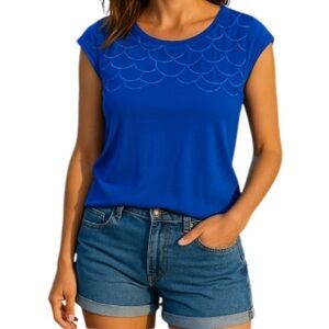 ANN TAYLOR Embroidered Tank Top Royal Blue Scallop Pattern Cap Sleeve Size L